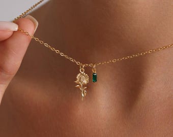 Personalized Tiny Birth Flower with Birthstone Necklace, Birth Flower Gift, Birthstone Gift Necklace, Mothers Day Gift, Christmas Gift