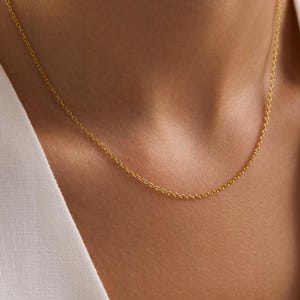 Könnte beinhalten: Eine zarte goldfarbene Halskette. Die Halskette wird vor einem weißen Hintergrund gezeigt, der ihre feinen Details hervorhebt. Die Kette ist ein schlichtes, elegantes Design, perfekt für den täglichen Gebrauch. Die Halskette ist ein klassisches Schmuckstück.