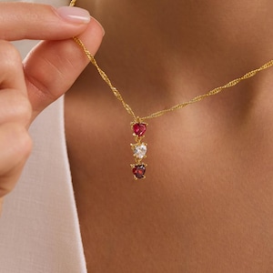 Collar personalizado con piedra natal en forma de corazón, collar vertical con varias piedras, collar familiar, regalo para mamá, regalo de Navidad, regalo para ella
