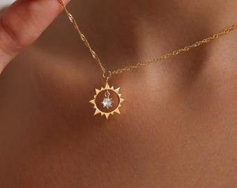 Sun Pendant Birthstone Necklace, Gold Sun Birthstone Necklace, Unique Birthstone Gift, Gift for her, Mothers Day Necklace, Christmas Gift