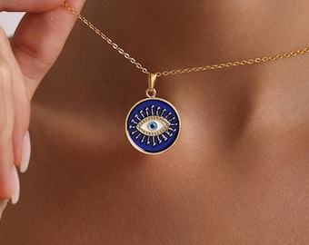 Gold Plated Medallion Evil Eye Charm Necklace, Protector Necklace, Coin Evil Eye Necklace, Talisman Necklace, Gift for her, Christmas Gift