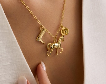 Vergulde cowboymeisjeketting, cowboypaard boothoedketting, rodeoketting, westernketting, cowgirlketting, kerstcadeau