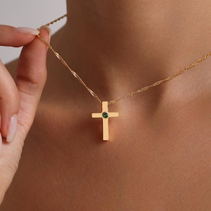Birthstone Cross Pendant Necklace, Gold Cross Necklace, Custom Religious Necklace, Gift for her, Mothers Day Necklace, Christmas Gift