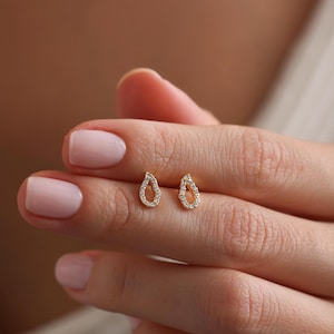 Minimalist Gold Plated Pave Drop Stud Earrings, Mini Tear Drop Earrings, Tiny Drop Earrings, Christmas Gift for her, Simple Everyday Earring