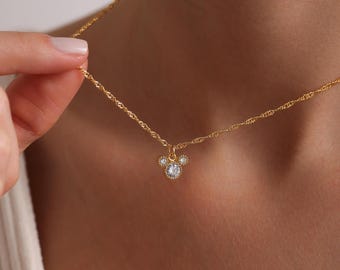 Gold Plated Tiny Mickey Mouse Pave Necklace, Dainty Pave Necklace, Women Necklace, Pendant Necklace, Gift for her, Everyday Necklace