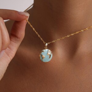 Personalized Enamel World Globe Locket Pendant Necklace, Enamel Color White, Blue, Navy Blue. Chain style cable, twist, snake
