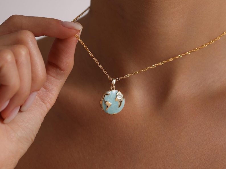 Personalized Enamel World Globe Locket Pendant Necklace, Enamel Color White, Blue, Navy Blue. Chain style cable, twist, snake