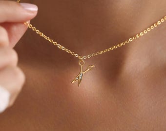 Gold Plated Tiny Scissors Pave Necklace, Hairdresser Necklace, Hairstylish Necklace, Everyday Necklace, Gift for her, Bestfriend Gift