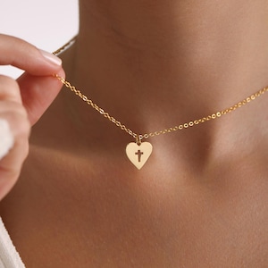 Gold Tiny Heart Cross Necklace, Gold Cross Necklace, Chrsitian Faith Cross Necklace, Religious Necklace, Gift for her, Christmas Gift