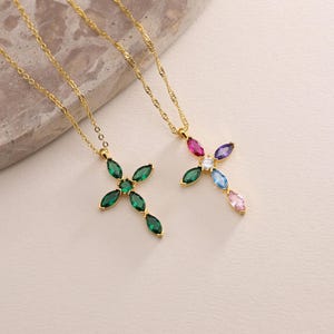 Gold Plated Rainbow Cross Pave Necklace, Emerald Cross Necklace, Religious Necklace, Christian Gift, Gift for her, Christmas Gift