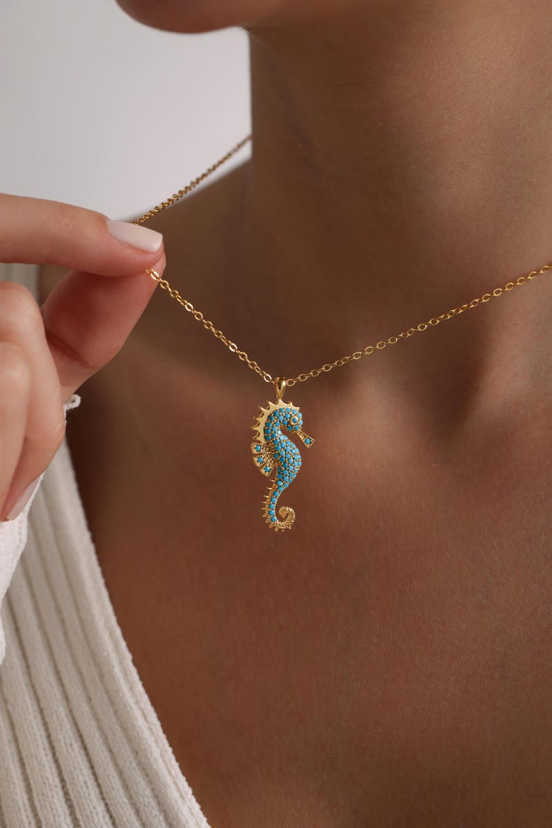 Gold Dainty Sea Horse Pave Necklace, Unique Sea Horse Necklace, Beach Necklace, Ocean Sea Animal Necklace, Christmas Gift, Gift for her