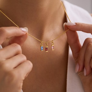 Custom Baguette Multi Birthstone Necklace, Family Jewelry