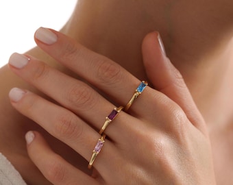 16-17mm Adjustable Personalized Tiny Baguette Birthstone Ring, Dainty Birthstone Ring, Personalized Jewelry, Ring for Women, Gift for her