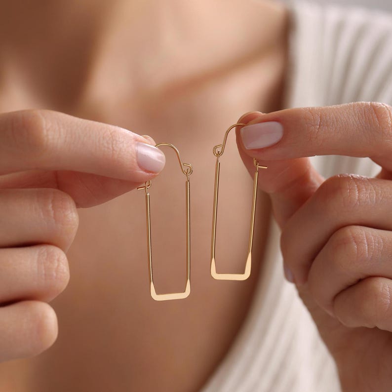 18K Gold Plated Thin Long Rectangle Hoops, Rectangle Earrings, Large Long Hoop Earrings, Geometric Earrings, Gift for her, Everyday Earrings