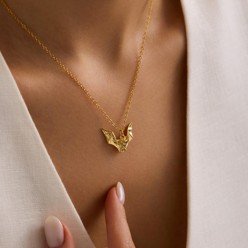 Gold Plated Bat Pendant Necklace, Gothic Necklace, Flying Necklace, Halloween Jewelry, Gift Goth Girl, Bat Halloween Necklace