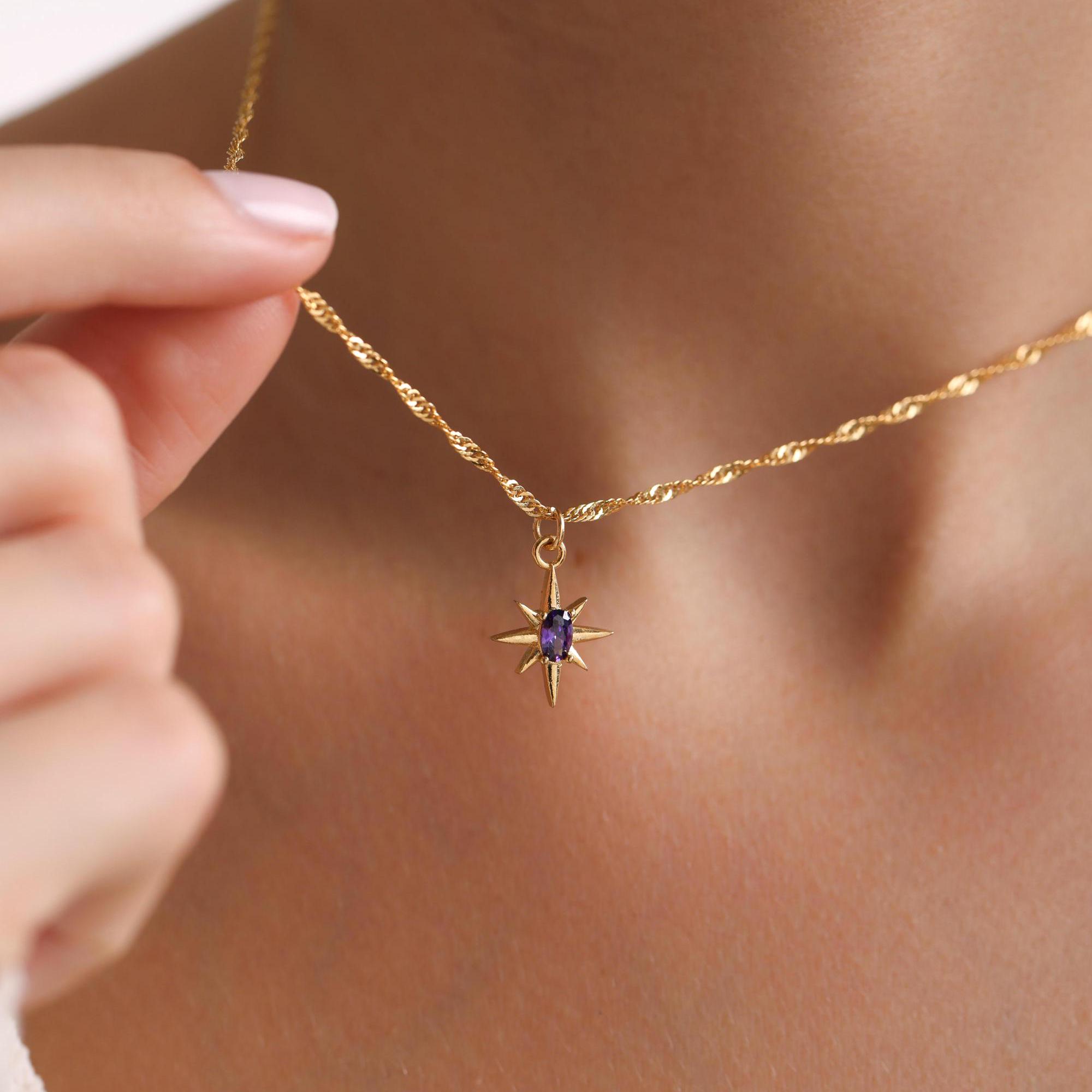 Gold Plated Minimalist North Star Pave Pendant Necklace, Celestial Necklace, Colorful North Star Necklace, Polaris Necklace, Gift for her