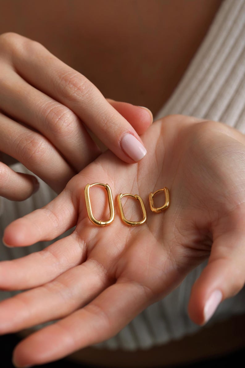 18K Gold Plated Rectangle Hoop Stacking Earrings, set of 1,2 or 3 pairs, Tiny Huggie Hoop Geometric Earrings, Gift for her, Everyday Earring