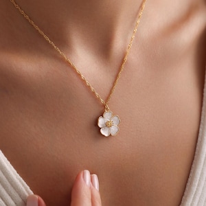 Gold Plated Enamel Sakura Flower Necklace, Flower Necklace, Gold Sakura Flower Necklace, Christmas Gift, Gift for her, Everyday Necklace