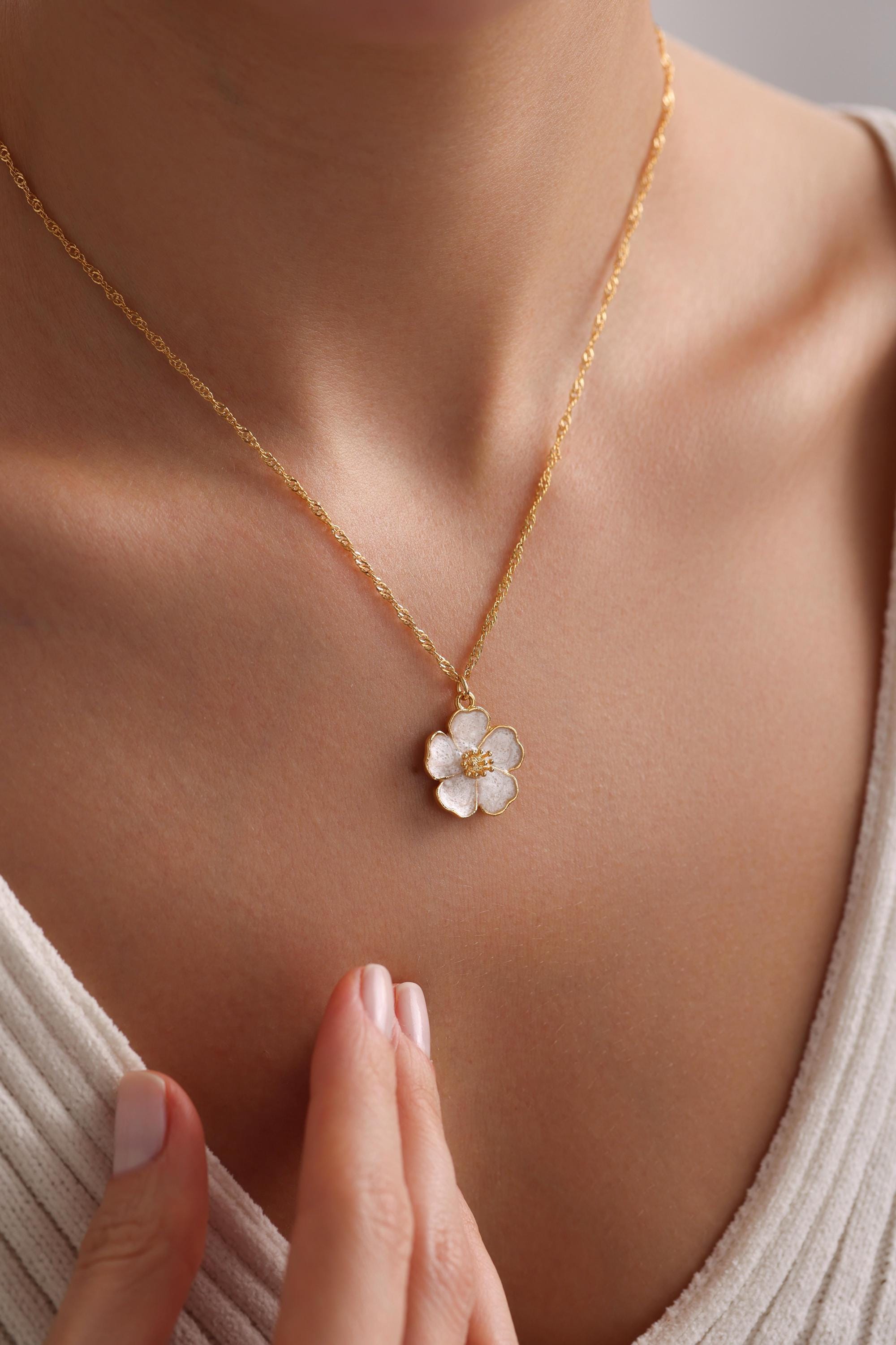 Gold Plated Enamel Sakura Flower Necklace, Flower Necklace, Gold Sakura Flower Necklace, Christmas Gift, Gift for her, Everyday Necklace