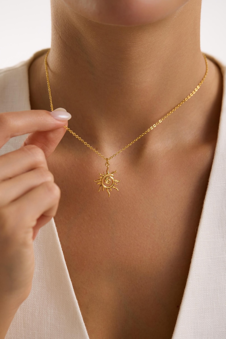 Gold Plated Spiral Sun Necklace, Sunburst Necklace, Summer Jewelry, Celestial Necklace, Pendant Necklace, Christmas Gift,  Everyday Necklace