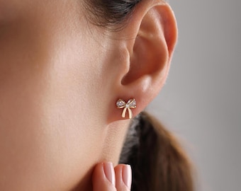 18K Gold Plated Tiny Bow Pave Stud Earrings, Bow Tie Earrings, Bowknot Earrings, Ribbon Bow Earrings, Bridal Party Gift, Earrings for Women