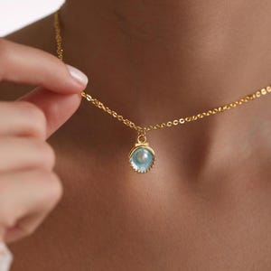 Peut inclure: Un collier en chaîne dorée avec un pendentif en forme de coquille bleue contenant une perle. La coquille est ornée d'un bord texturé.