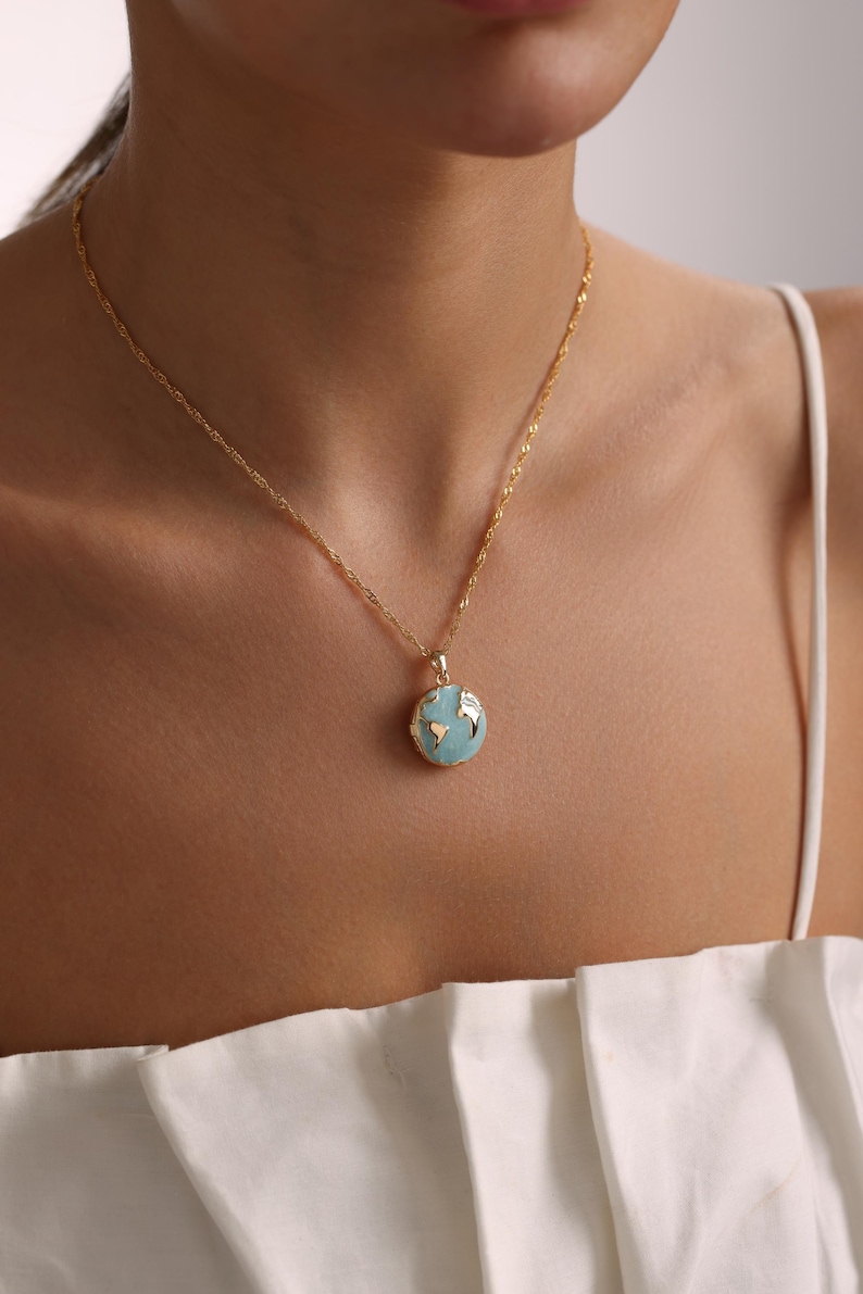 Personalized Enamel World Globe Locket Pendant Necklace, Enamel Color White, Blue, Navy Blue. Chain style cable, twist, snake