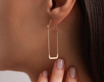 Aros rectangulares largos y finos chapados en oro de 18 quilates, pendientes rectangulares, pendientes de aro largos grandes, pendientes geométricos, regalo para ella, pendientes para uso diario