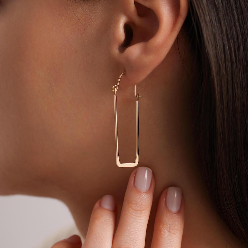 18K Gold Plated Thin Long Rectangle Hoops, Rectangle Earrings, Large Long Hoop Earrings, Geometric Earrings, Gift for her, Everyday Earrings