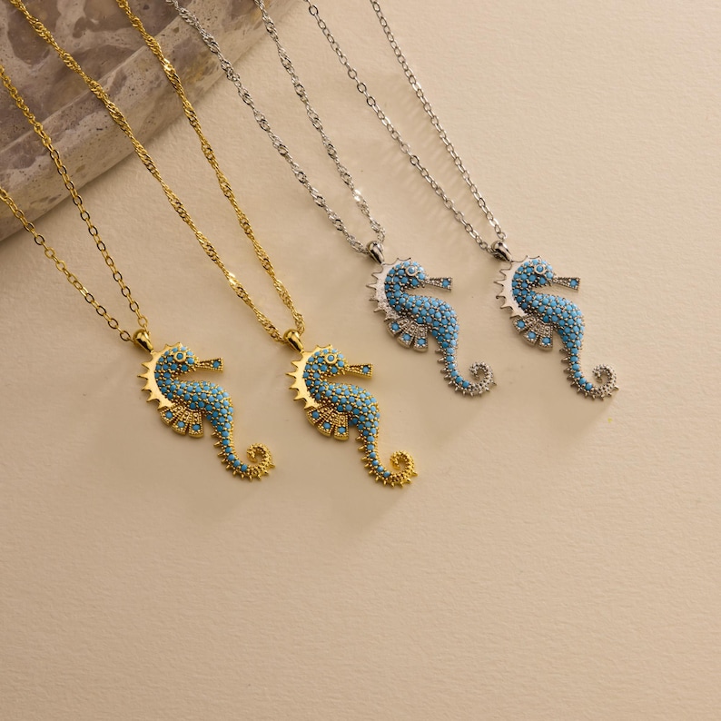 Gold Dainty Sea Horse Pave Necklace, Unique Sea Horse Necklace, Beach Necklace, Ocean Sea Animal Necklace, Christmas Gift, Gift for her