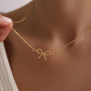 Gold Plated Tiny Bow Necklace, Bow Tie Necklace, Ribbon Bow Necklace, Bowknot Necklace, Trend Bow Necklace, Gift for her, Christmas Gift