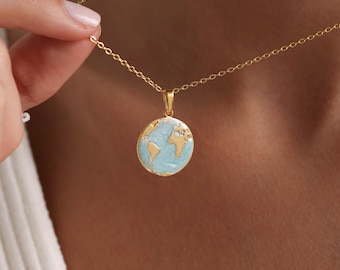 Gold Dainty Enamel World Pendant Necklace, Earth Globe Necklace, Gold World Necklace, Travel Necklace, Gift for her, Christmas Gift