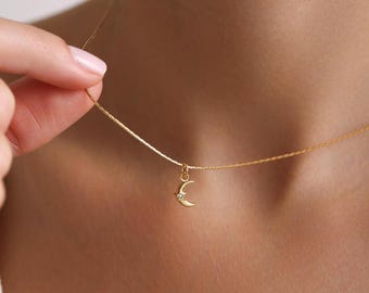 Gold Plated Minimalist Moon Star Pave Necklace, Tiny Moon Necklace, Crescent Jewelry, Celestial Necklace, Pendant Necklace, Gift for her