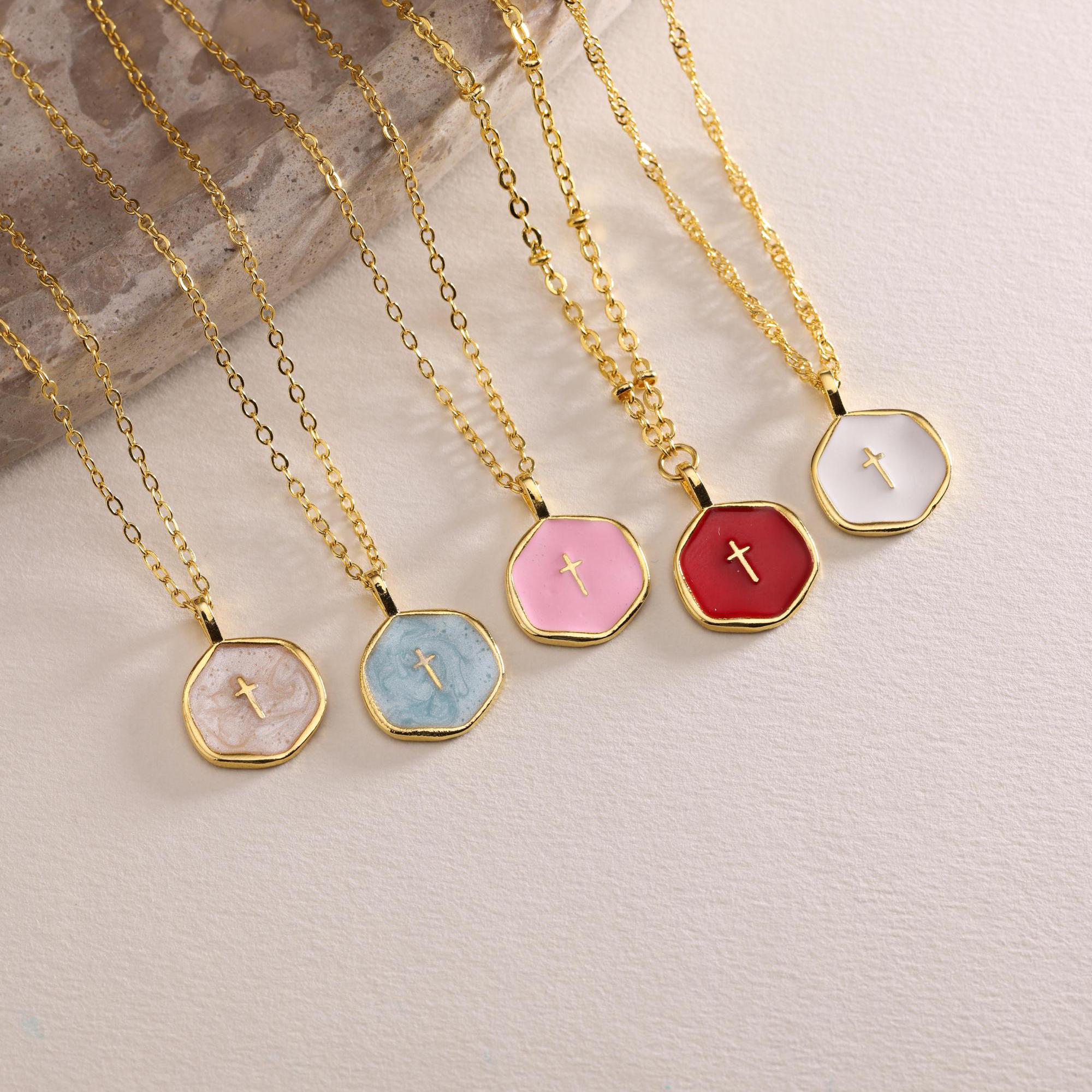 Gold Enamel Mini Cross Necklace, Tiny Cross Necklace, Religious Necklace, Enamel Necklace, Christian Gift for her, Christmas Gift