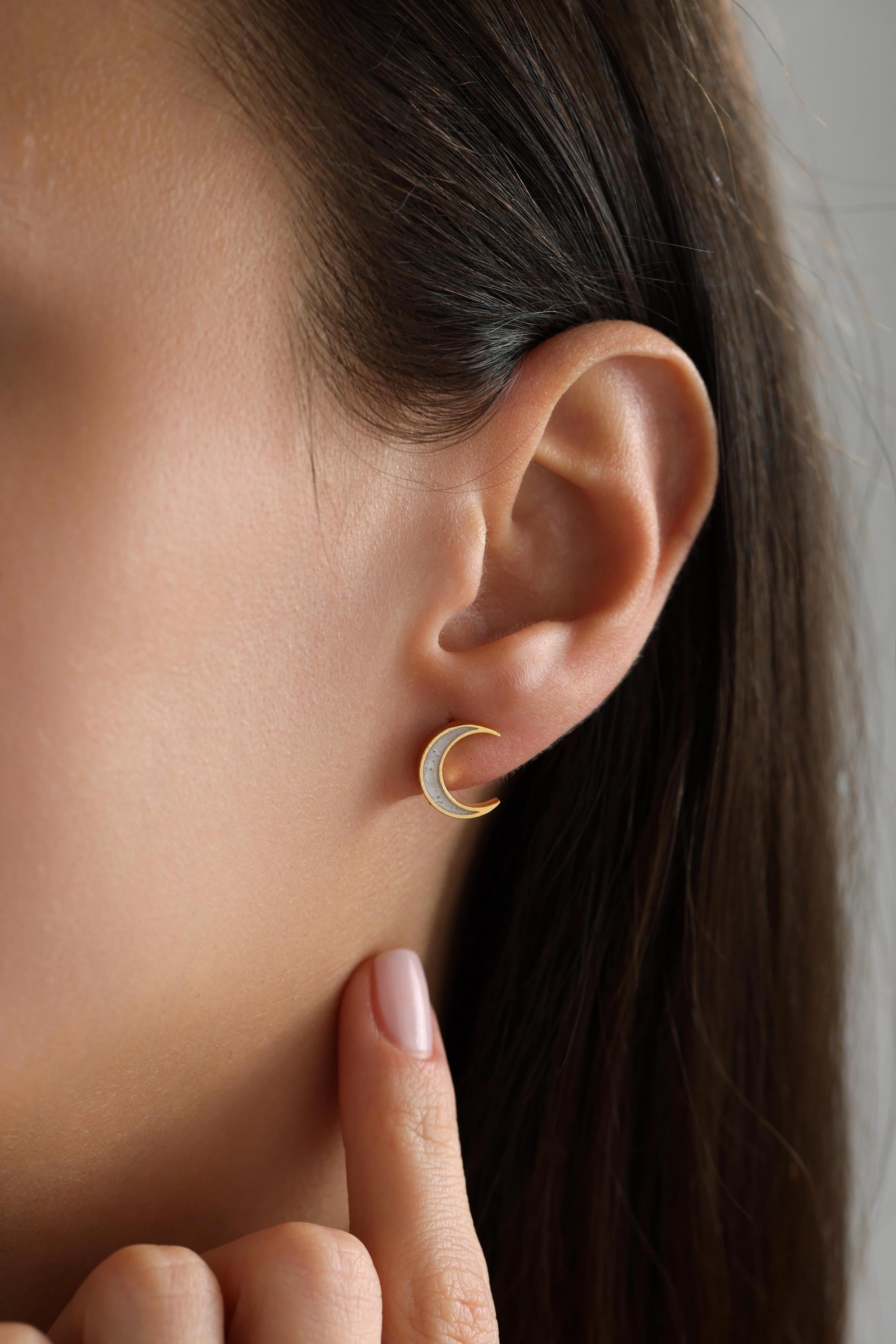 Gold Plated Daint Pearl White Enamel Moon Stud Earrings, Tiny