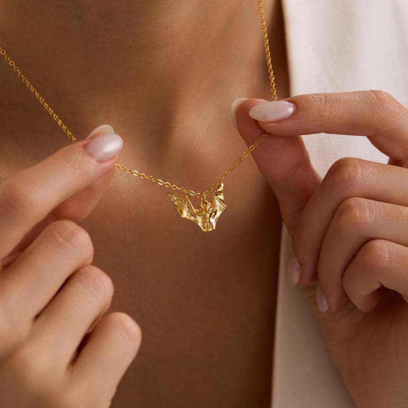 Gold Plated Bat Pendant Necklace, Gothic Necklace, Flying Necklace, Halloween Jewelry, Gift Goth Girl, Bat Halloween Necklace