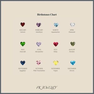 May include: A birthstones chart featuring heart-shaped gemstones representing each month. The chart includes Garnet, Amethyst, Aquamarine, Diamond, Emerald, Alexandrite, Ruby, Peridot, Sapphire, Pink Tourmaline, Topaz, and Zircon. The PK JEWELRY logo is at the bottom.