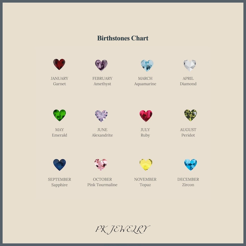 May include: A birthstones chart featuring heart-shaped gemstones representing each month. The chart includes Garnet, Amethyst, Aquamarine, Diamond, Emerald, Alexandrite, Ruby, Peridot, Sapphire, Pink Tourmaline, Topaz, and Zircon. The PK JEWELRY logo is at the bottom.