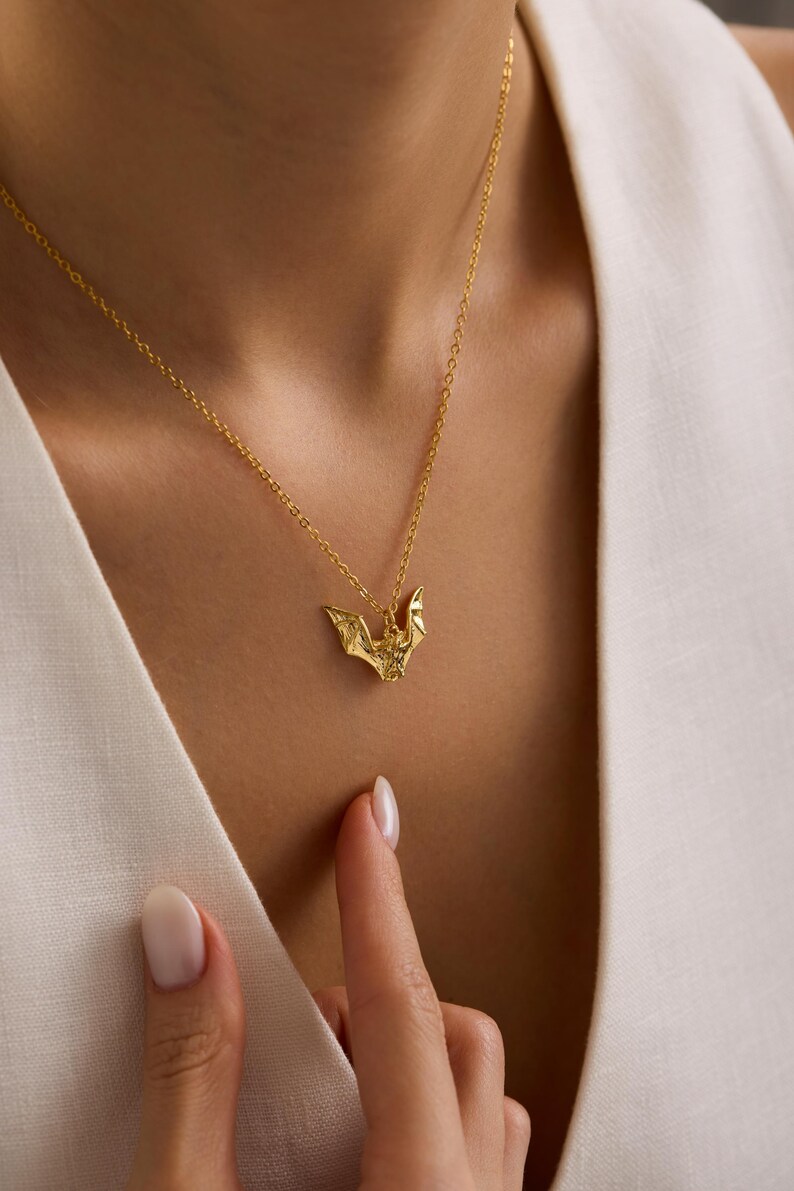 Gold Plated Bat Pendant Necklace, Gothic Necklace, Flying Necklace, Halloween Jewelry, Gift Goth Girl, Bat Halloween Necklace