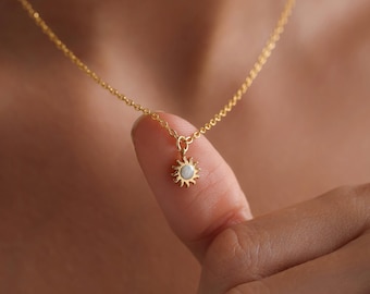 Gold Mother of Pearl Enamel Minimalist Sun Pendant Necklace, Mini Sun Necklace, Celestial Necklace, Gift for her, Everyday Necklace