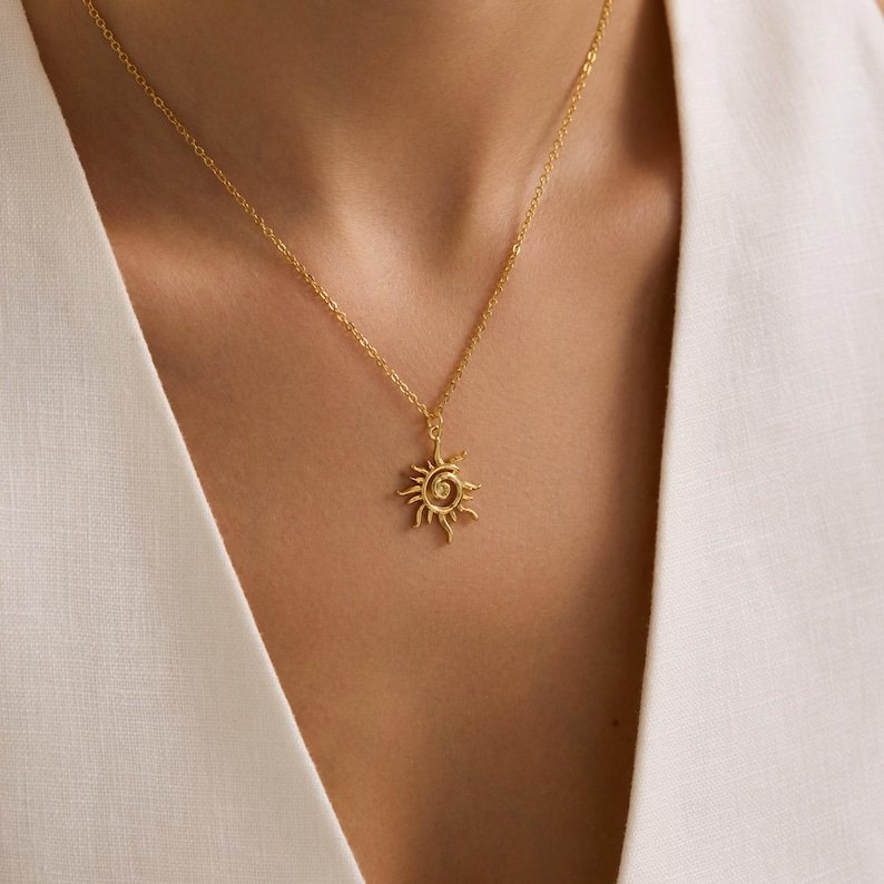 Gold Plated Spiral Sun Necklace, Sunburst Necklace, Summer Jewelry, Celestial Necklace, Pendant Necklace, Christmas Gift,  Everyday Necklace