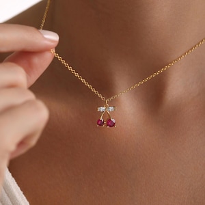 Gold Plated Tiny Cherry Pave Necklace, Cherry Necklace, Fruit Necklace, Minimalist Jewelry, Gift for her, Christmas Gift, Everyday Necklace