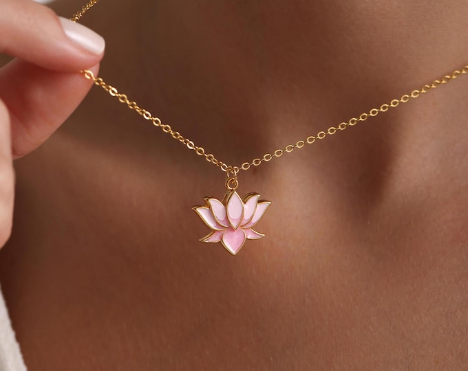 Gold Plated Enamel Lotus Flower Necklace, Flower of Life Necklace, Gold Lotus Flower Necklace, Christmas Gift for her, Everyday Necklace