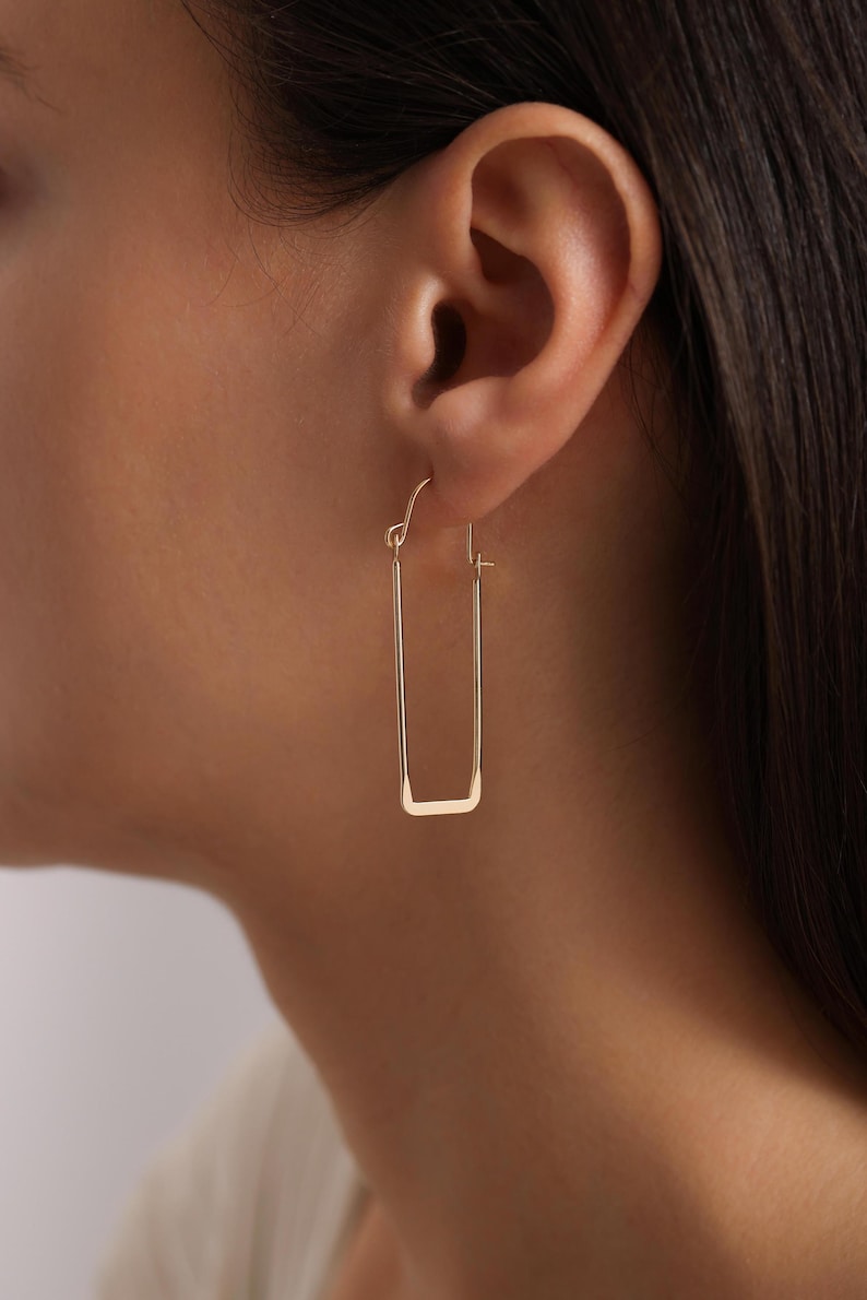 18K Gold Plated Thin Long Rectangle Hoops, Rectangle Earrings, Large Long Hoop Earrings, Geometric Earrings, Gift for her, Everyday Earrings