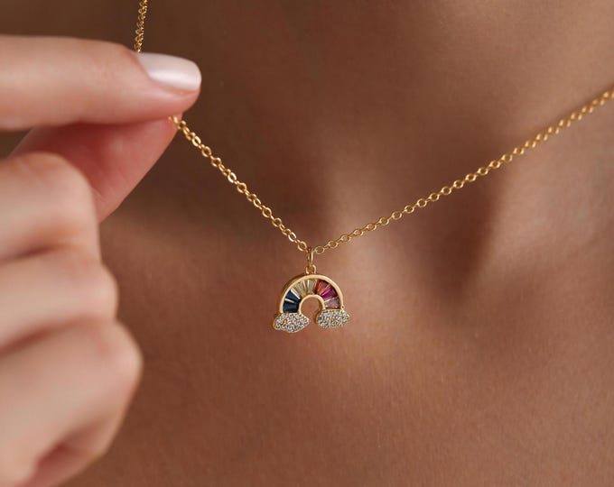Gold Plated Dainty Rainbow Pave Necklace, Rainbow Cloud Necklace, Celestial Necklace, Everyday Jewelry, Gift for her, Christmas Gift, Gifts