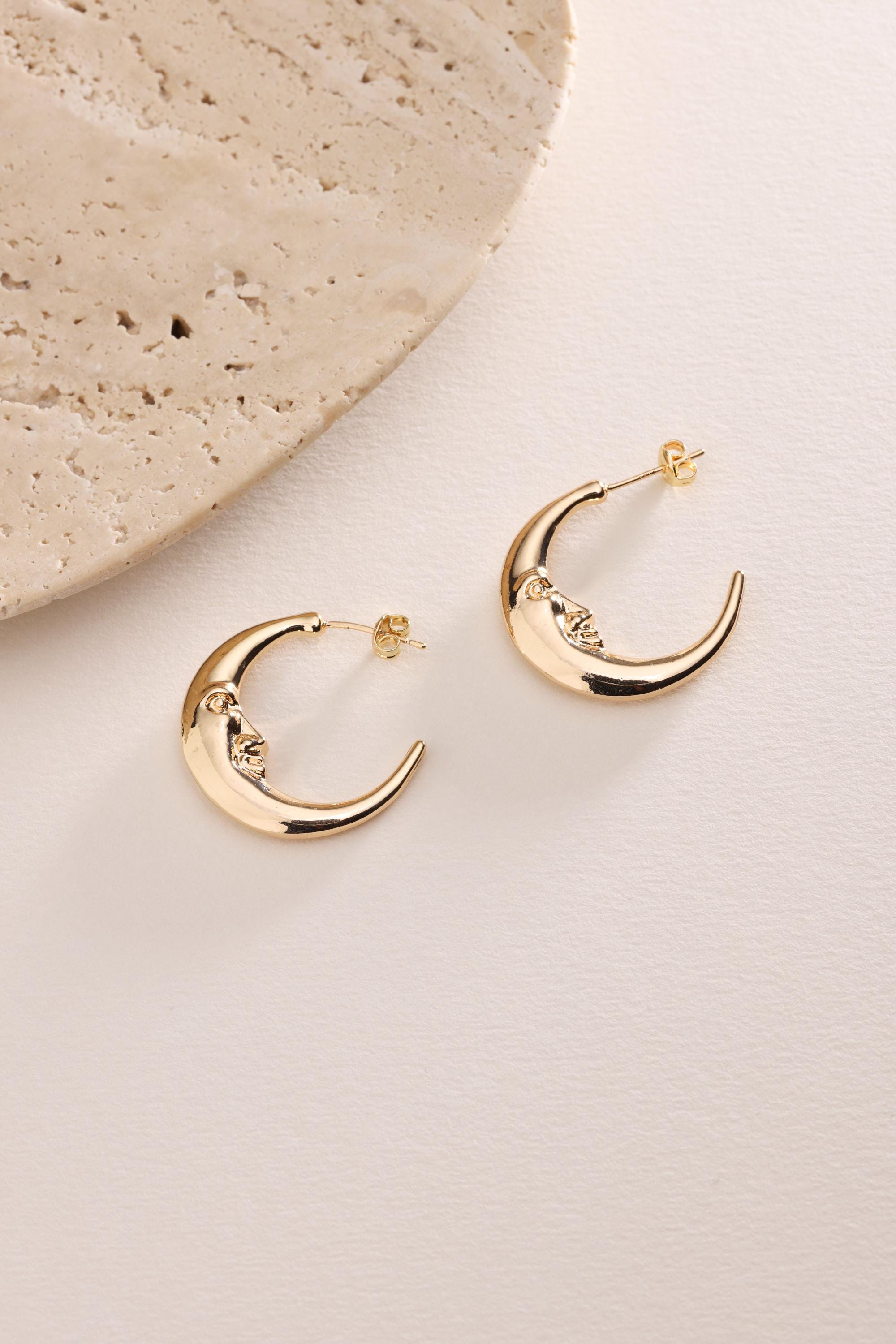 18K Gold Plated Moon Face Hoop Earrings, Gold Moon Hoop Earrings 