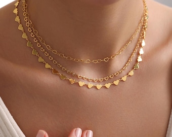 Collar de cadena con corazón pequeño chapado en oro, delicado collar de cadena con corazón, cadena para combinar con otras, cadena para uso diario, collar de cadena para mujer, regalo para ella