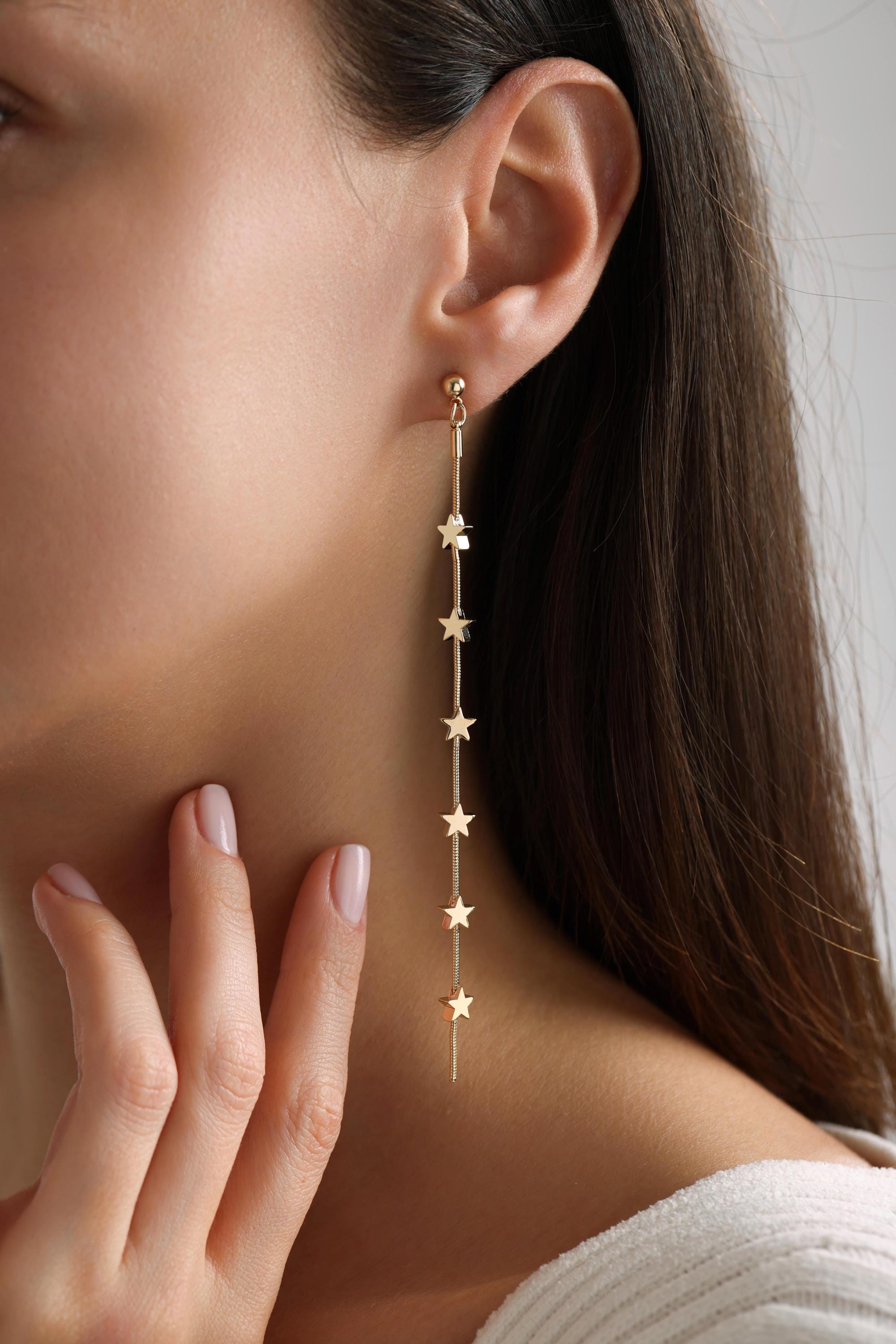 18K Gold Plated Long Chain Star Earrings, Unique Star Earrings, Chain Earrings, Long Chain Earrings, Gift for her, Everyday Stud Earrings