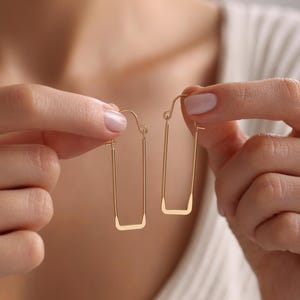 18K Gold Plated Thin Long Rectangle Hoops, Rectangle Earrings, Large Long Hoop Earrings, Geometric Earrings, Gift for her, Everyday Earrings