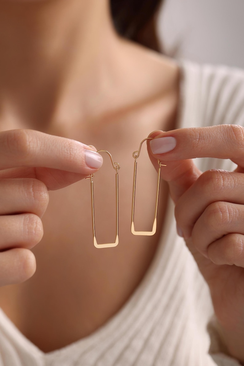 18K Gold Plated Thin Long Rectangle Hoops, Rectangle Earrings, Large Long Hoop Earrings, Geometric Earrings, Gift for her, Everyday Earrings